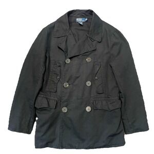 Vintage Polo Ralph Lauren Linen Naval Peacoat Men M Black Military Chorecoat